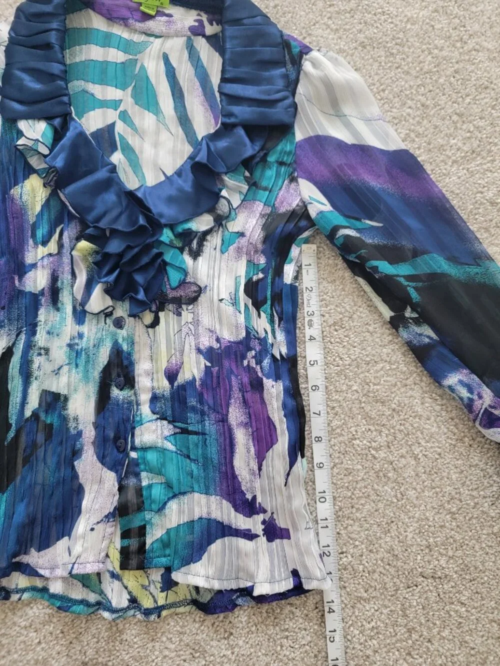 Vintage Y2K Whimsigoth Agora Abstract Watercolor Crinkle Ruffle Blouse
